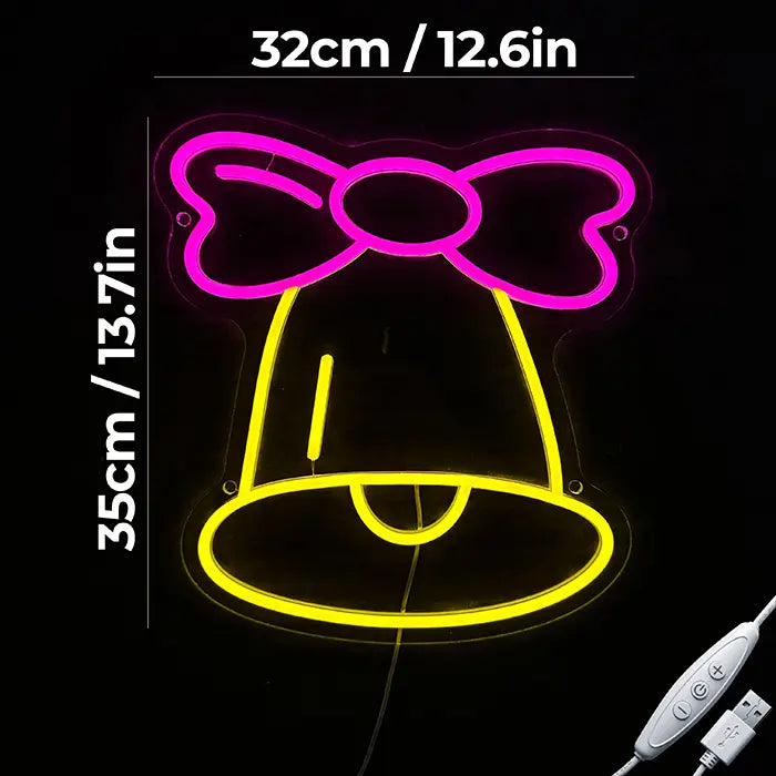 Little Bell Neon LED Sign with dimensions 32 cm (13") and 35 cm (14"), USB cable with dimmer switch beside it