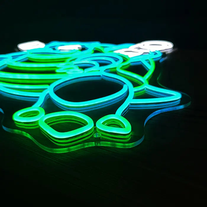 Pokémon Blastoise Neon LED Sign, Space Edition, in close-up from below: feet and the contour cut of the acrylic panel