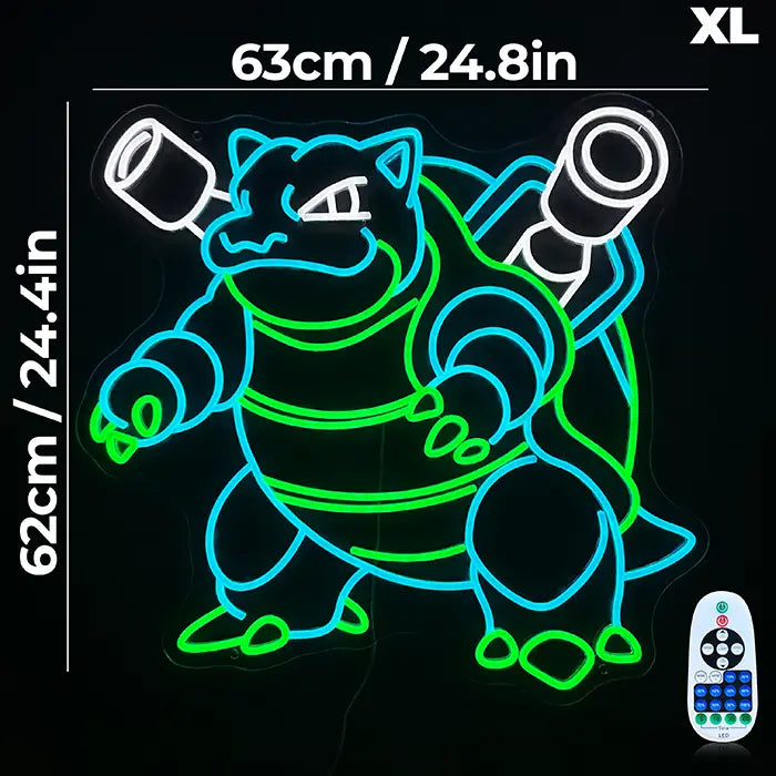 Pokémon Blastoise Neon LED Sign, Space Edition, with the marked dimensions 63 cm (25") wide and 62 cm (24") high, the remote beside it