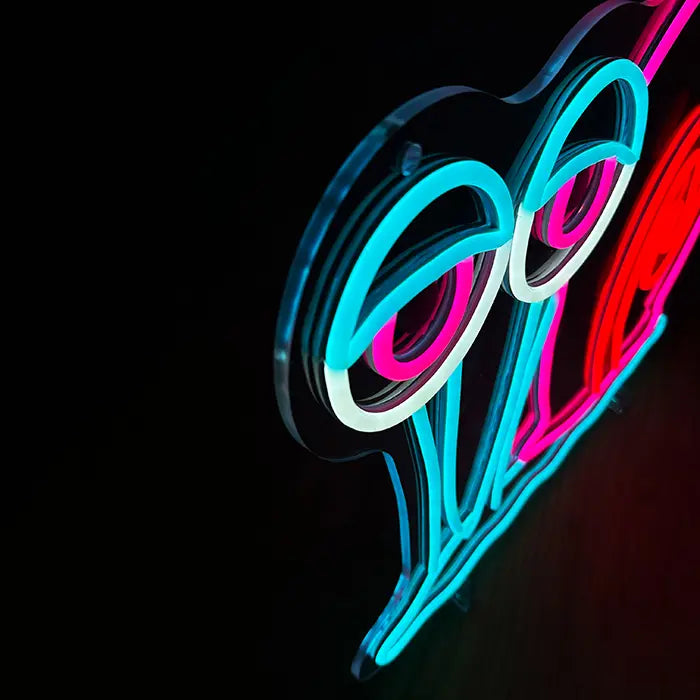 Gary the Snail Neon LED Sign in close-up, the two eyes made of neon tubing seen from the side