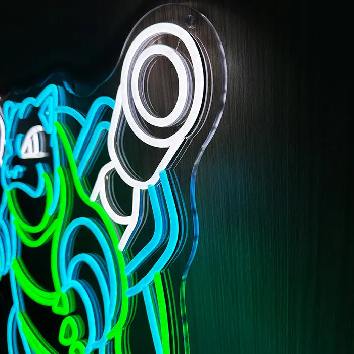 Pokémon Blastoise Neon LED Sign, Space Edition, in side close-up: water cannon and the edge of the acrylic panel