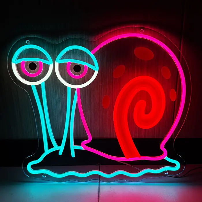 Gary the Snail Neon LED Sign glowing head-on, eyes on stalks and a snail shell with a spiral
