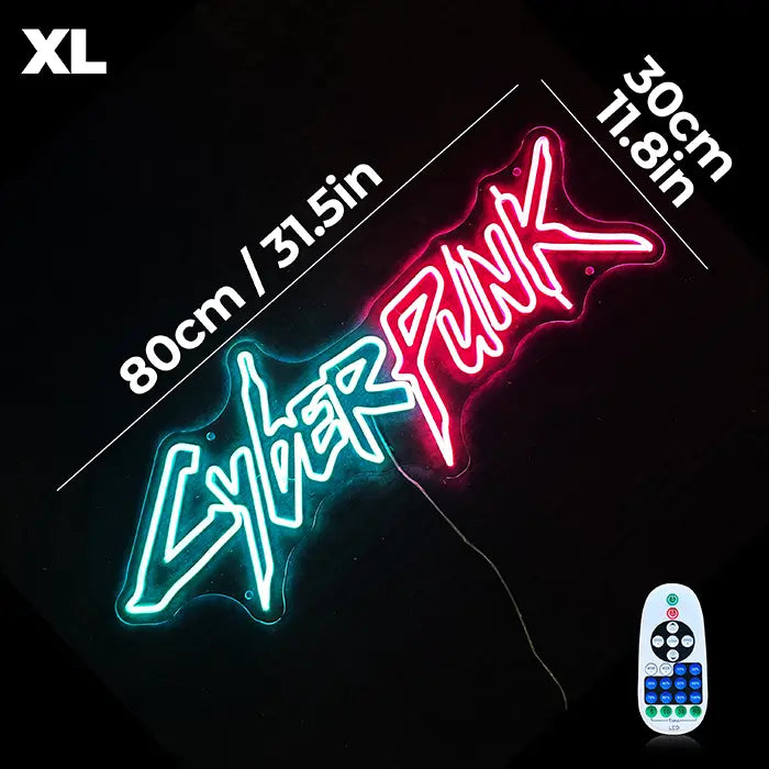 CYBERPUNK Neon LED Sign with dimensions 80 cm (31") and 30 cm (12"), the dimmer remote beside it