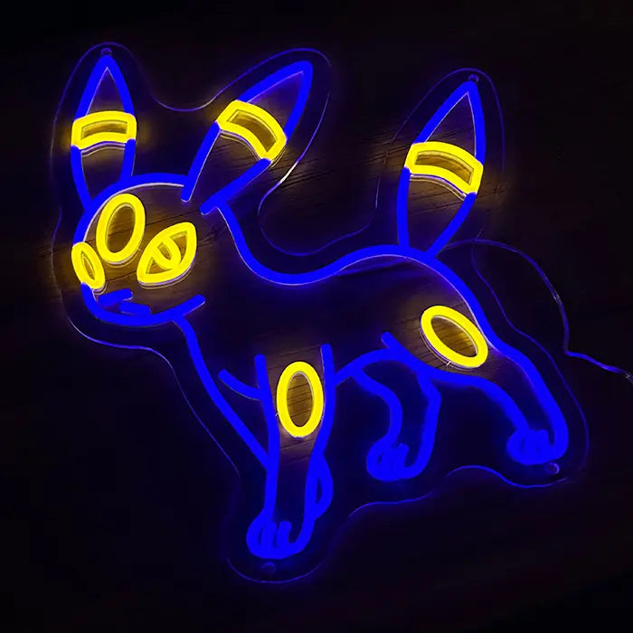 Pokémon Umbreon Neon LED Sign photographed at an angle, yellow rings on forehead, ears and legs glowing