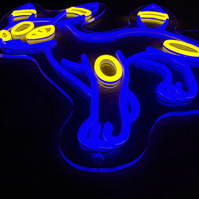 Pokémon Umbreon Neon LED Sign at an angle from above, the contour-cut acrylic panel visible