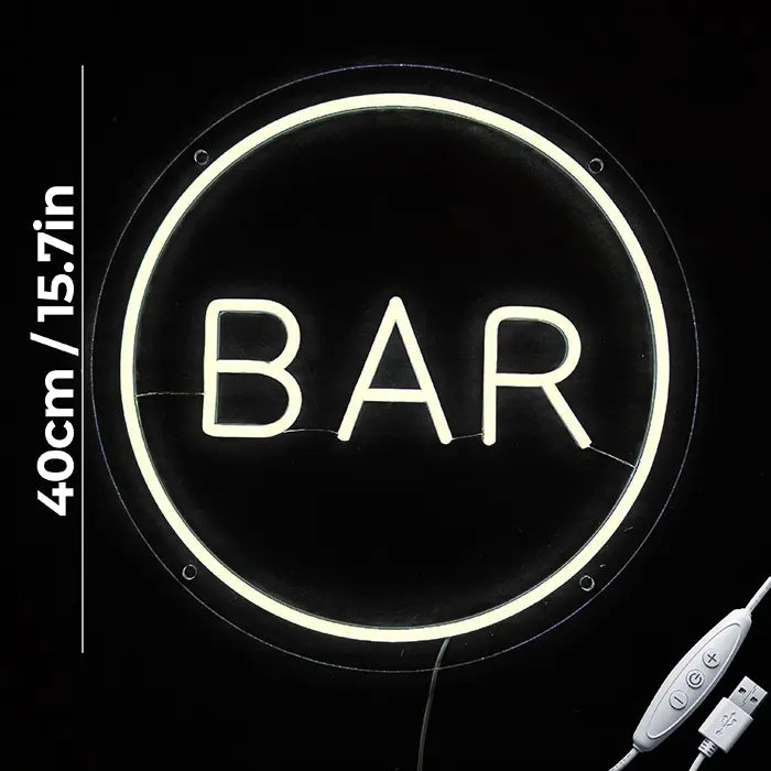 BAR Neon LED Sign with the marked dimension 40 cm (16"), the USB cable with inline dimmer beside it