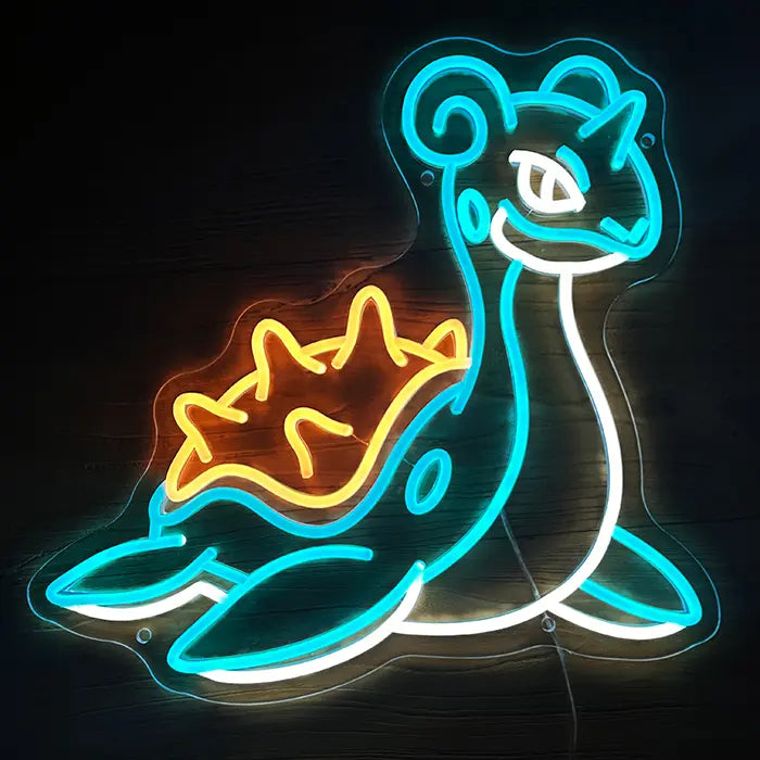 Pokémon Lapras Neon LED Sign lit from the front, long neck, flippers and spiked shell
