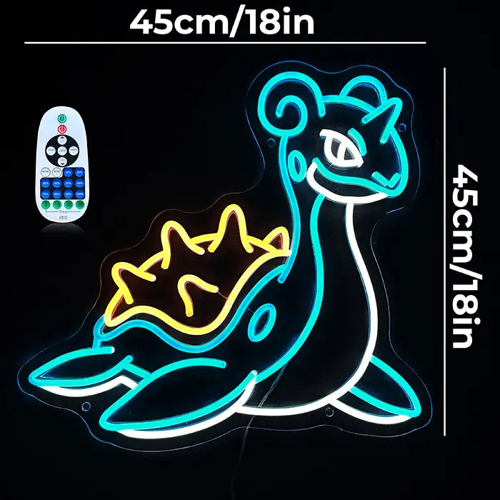 Pokémon Lapras Neon LED Sign with dimensions 45 cm (18") and 45 cm (18"), next to it a remote control