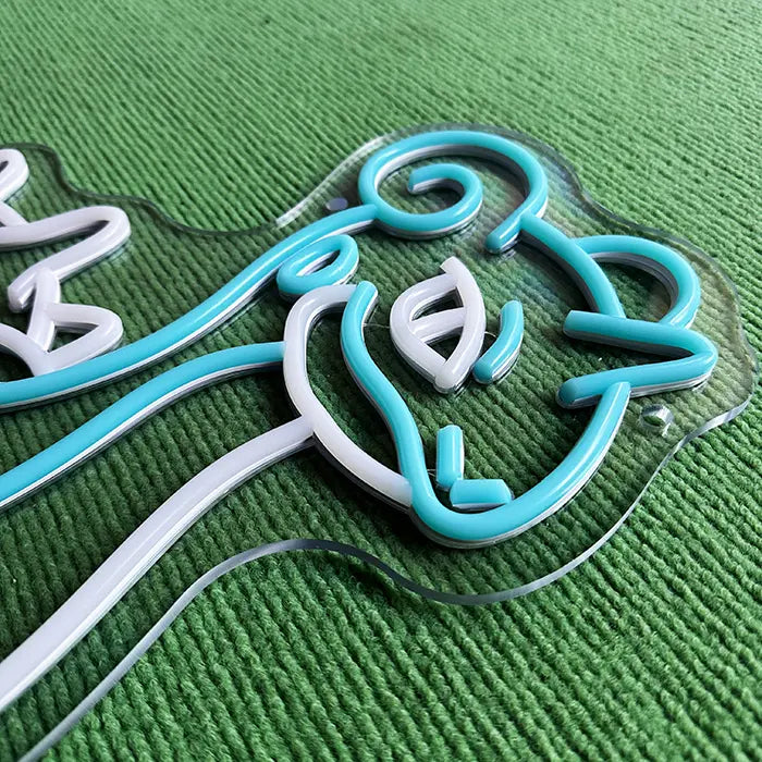 Pokémon Lapras Neon LED Sign switched off in macro shot, head with eye and ear in detail