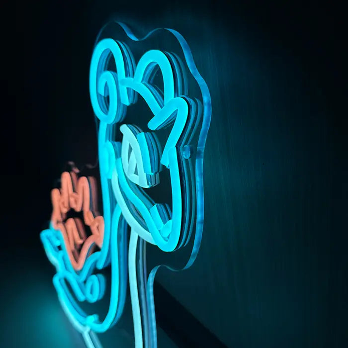 Pokémon Lapras Neon LED Sign photographed from the side on the wall, head and acrylic edge up close
