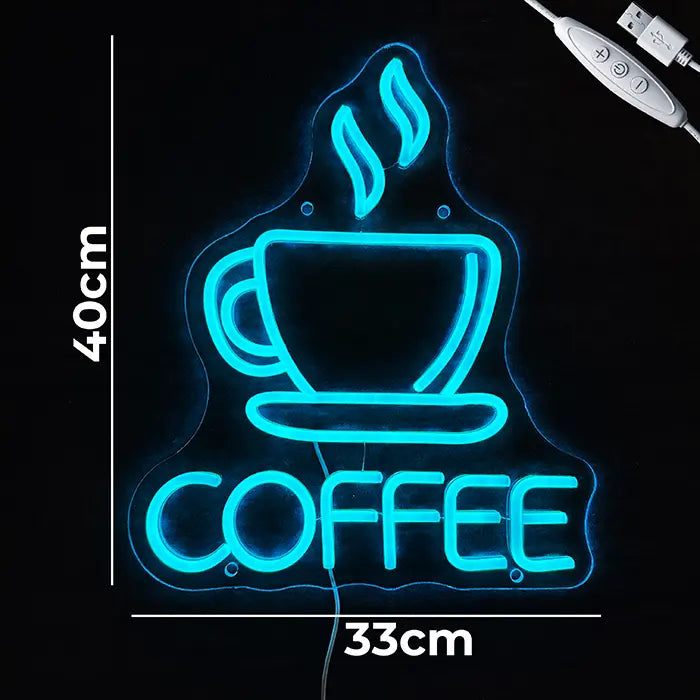 Coffee Cup Neon LED Sign with dimensions 33 cm (13") and 40 cm (16"), next to it the USB cable with inline dimmer