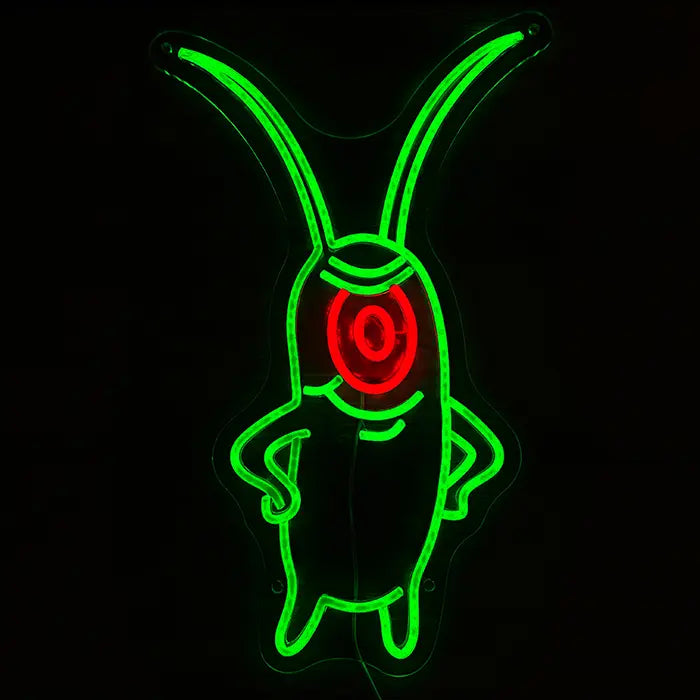 The Plankton Neon LED Sign lit from the front, hands on hips, antennae pointing up
