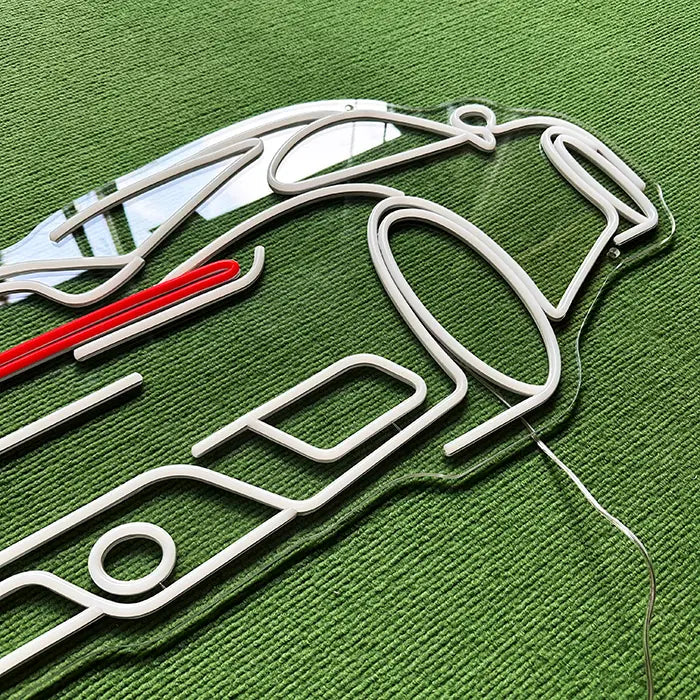 GT Sports Car Neon LED Sign switched off from above at an angle, wheel and rear section in detail