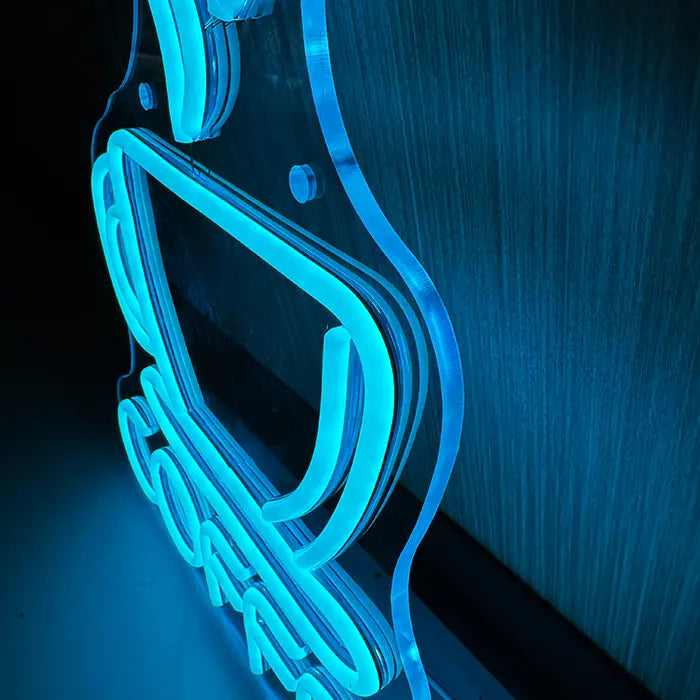 Coffee Cup Neon LED Sign photographed from the side, cup and acrylic edge up close