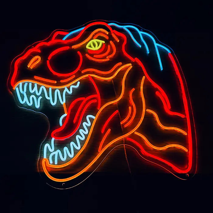 T-Rex Dino Neon LED Sign lit from the front, blue back crest above the wide-open jaws
