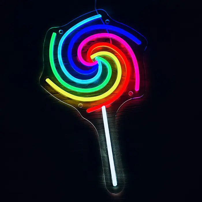 Lollipop Neon LED Sign lit from the front, clear acrylic panel in lollipop shape with a white stick