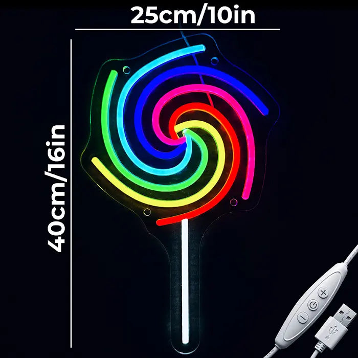 Lollipop Neon LED Sign with dimensions 25 cm (10") and 40 cm (16"), next to it the USB cable with inline dimmer