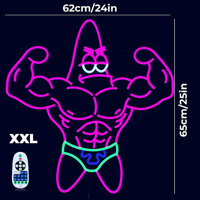 Patrick Bodybuilder Neon LED Sign with dimensions 62 cm (24") and 65 cm (26") in XXL, next to it the remote control
