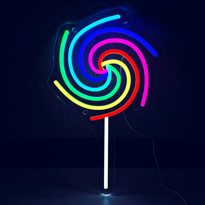 Lollipop Neon LED Sign front view against a dark background, rainbow-coloured spiral on a white stick