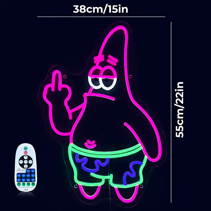 Patrick Middle Finger Neon LED Sign with dimensions 38 cm (15") and 55 cm (22"), next to it the remote control