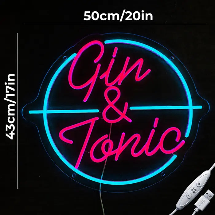 Gin & Tonic Neon LED Sign with dimensions 50 cm (20") and 43 cm (17"), next to it the USB cable with inline dimmer