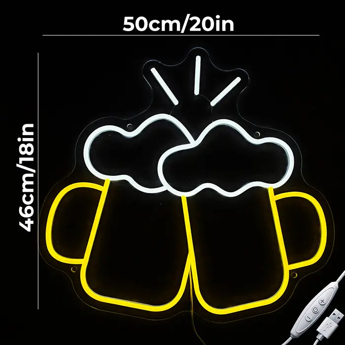 Beer Steins Neon LED Sign with dimensions 50 cm (20") and 46 cm (18"), next to it the USB cable with inline dimmer