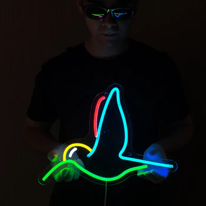 Hummingbird Bird Neon LED Sign held in front of the body with both hands