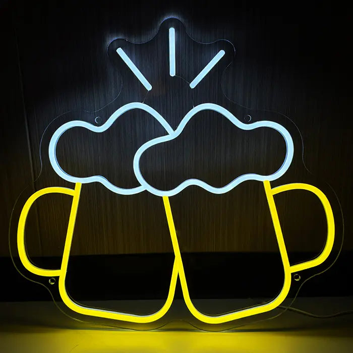 Beer Steins Neon LED Sign front view on a dark wooden wall, two yellow steins clinking with white foam
