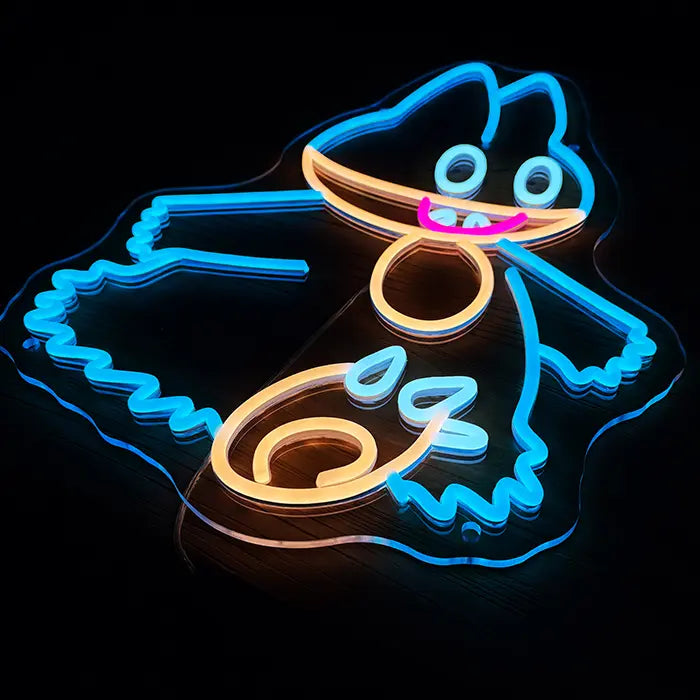 Pokémon Munchlax Neon LED Sign from above at an angle in the dark, turquoise outline with an orange belly