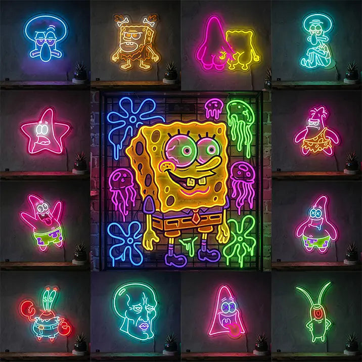 Schwammkopf Freaks Neon LED Schild – USB & 12V Leuchtschild | Schwammkopf Sammler Set