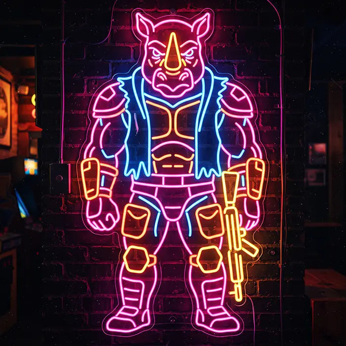 Ninja Turtles Set Neon LED Sign design Rocksteady as a pink rhino with a blue vest and a rifle on a dark brick wall