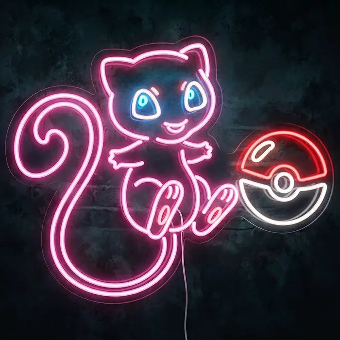 Cute Mew with Poké Ball Neon LED Sign – Dimmable with Remote | Pokémon Gaming Decor