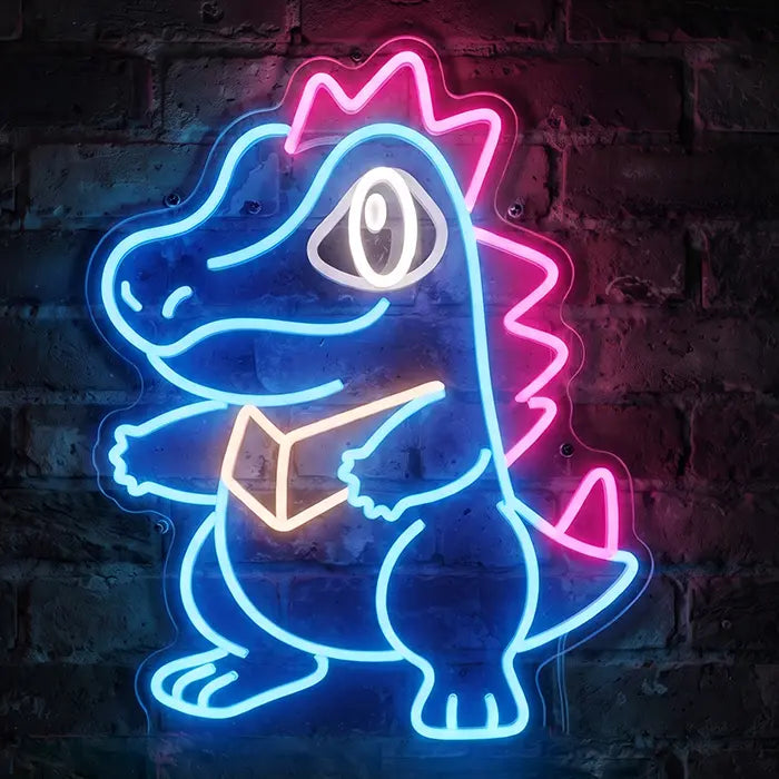 Pokémon Totodile Set Neon LED Sign, design Totodile Punk: front view on a dark brick wall, tall pink mohawk crest from head to tail
