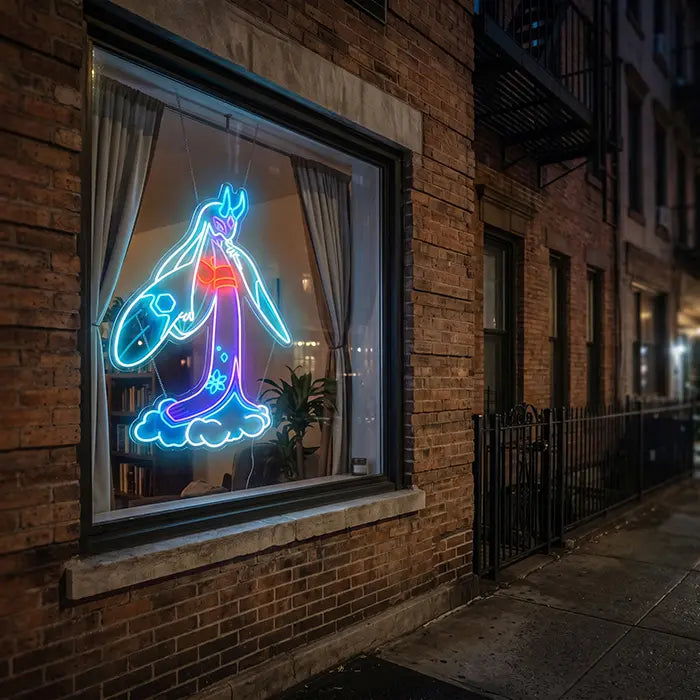 Pokémon Mega Froslass Neon LED Sign in the window of a brick house, seen from the street at night