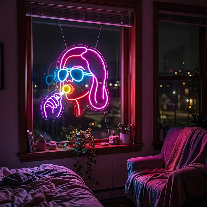 Girl with Lollipop Neon LED Sign – Dimmable with Remote | Pop Art Wall Decor