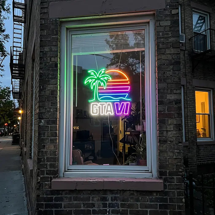 GTA VI Miami Set Neon LED Sign in the Standard design in the window of a brick house, seen from the street