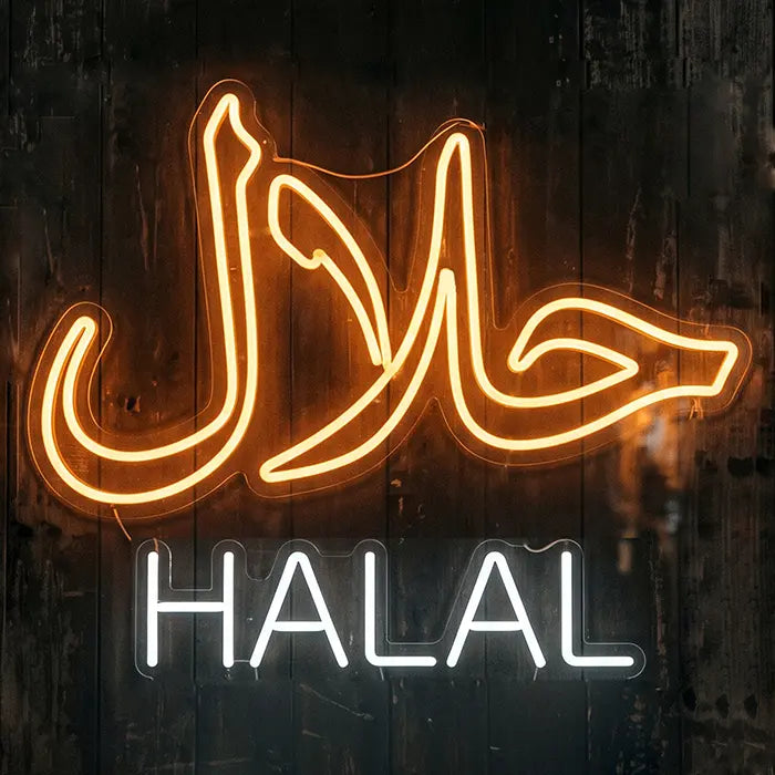 Halal Bilingual Neon LED Sign – USB, Dimmable | Restaurant Decor