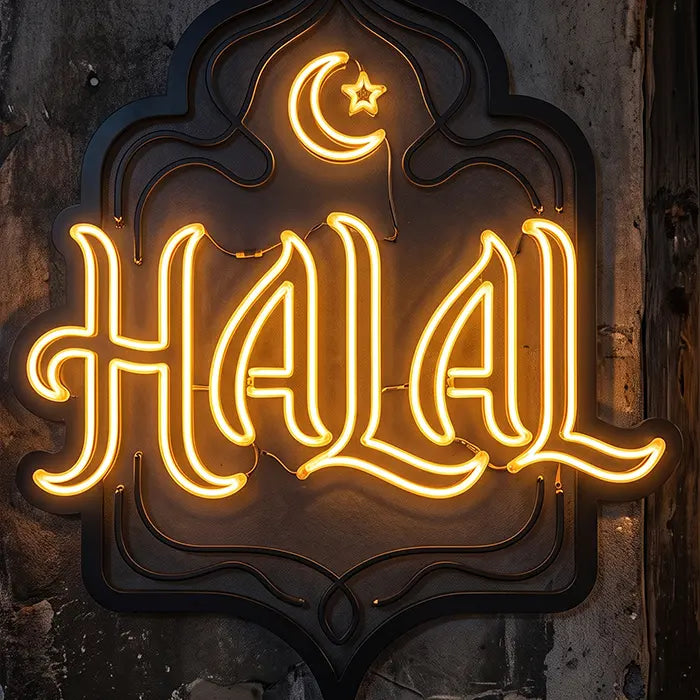 Halal Crescent Neon LED Sign – Dimmable with Remote | Restaurant Decor