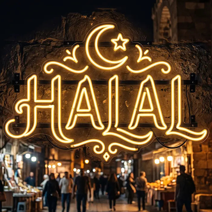 Halal Set Neon LED Sign – 9 Designs, USB or 12V | Restaurant Decor