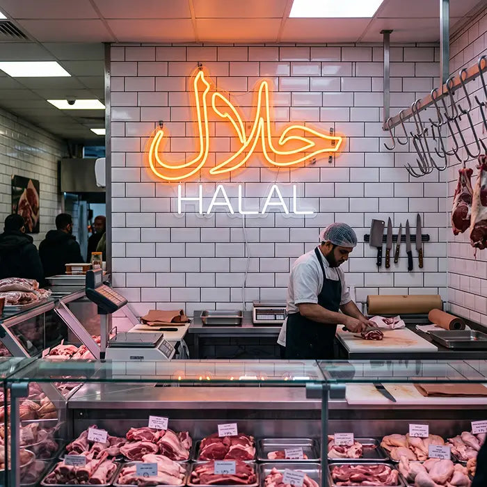 Halal Bilingual Neon LED Sign – USB, Dimmable | Restaurant Decor