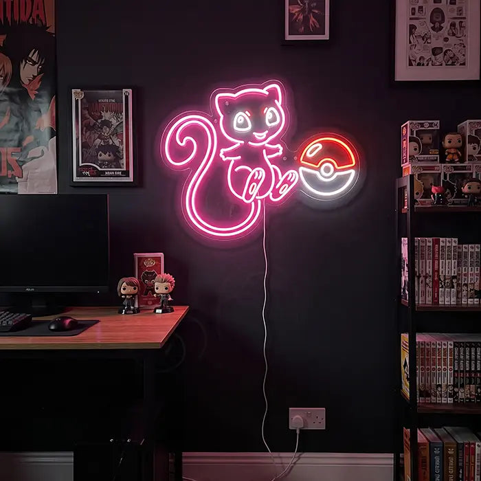 Cute Mew with Poké Ball Neon LED Sign – Dimmable with Remote | Pokémon Gaming Decor