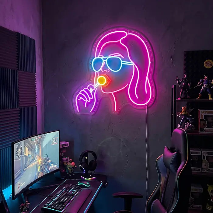 Girl with Lollipop Neon LED Sign – Dimmable with Remote | Pop Art Wall Decor
