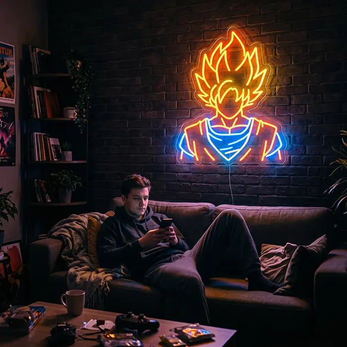 Super Saiyan Anime Hero Neon LED Sign on a brick wall above a man with a phone on the sofa