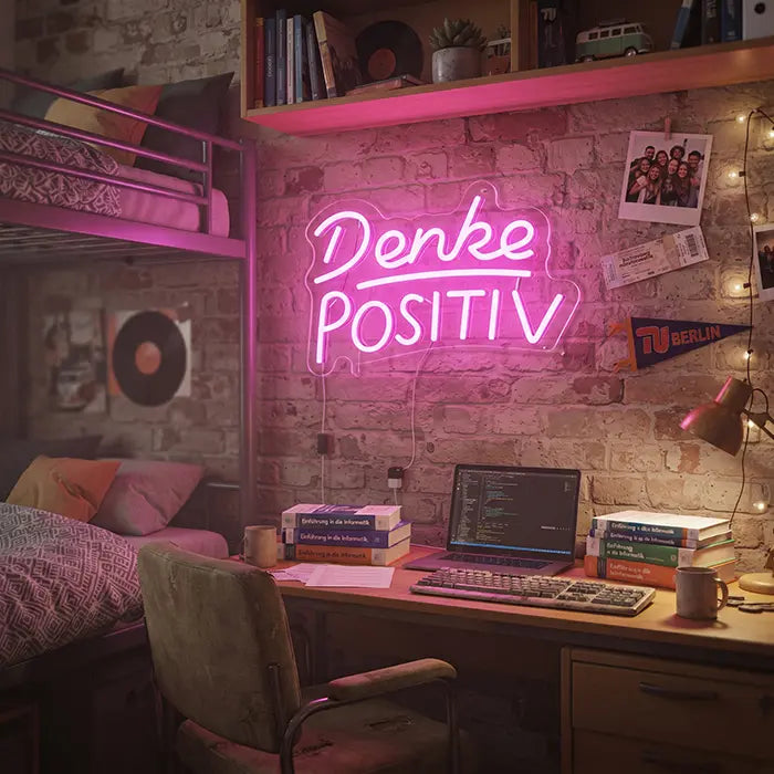 Denke Positiv Neon LED Schild rosa leuchtend an einer Backsteinwand über dem Schreibtisch im Studentenzimmer