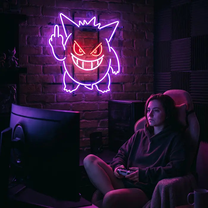 Gengar Mittelfinger Neon Pokémon LED Schild – USB Leuchtschild | Gamer Wanddeko