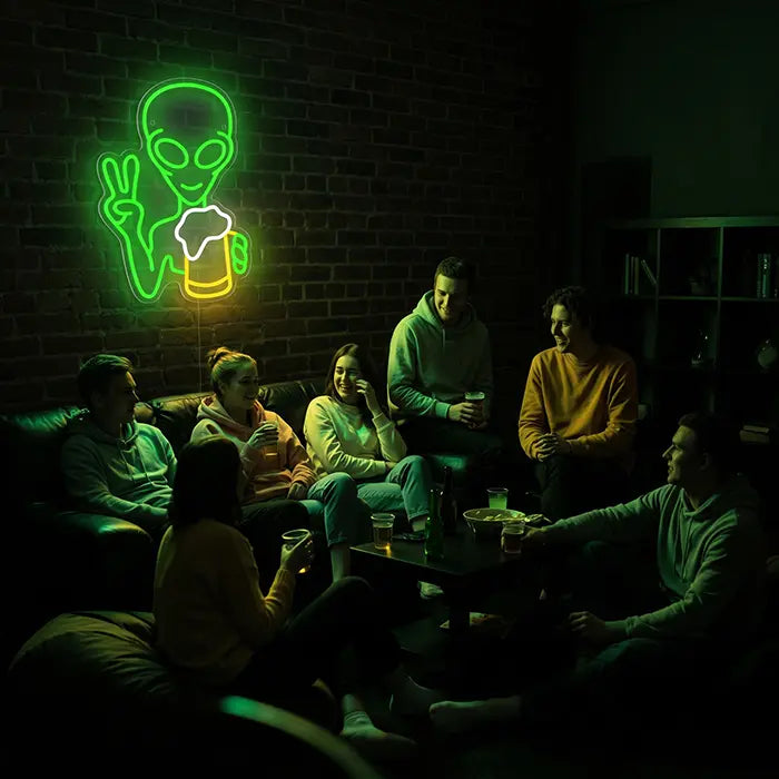 Alien with Beer Neon LED Sign – Dimmable, USB or 12V | Party & Bar Decor