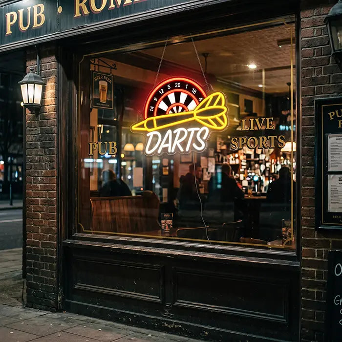 Darts Neon LED Sign with UV Print in the window of a pub, seen from the street