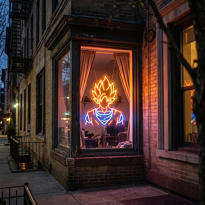 Super Saiyan Anime Hero Neon LED Sign in the bay window of a brick house, seen from the street