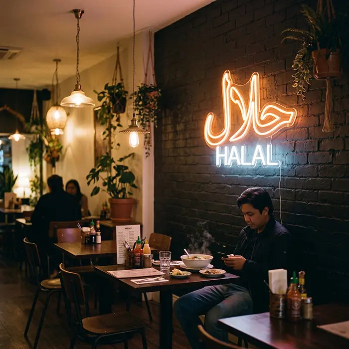 Halal Bilingual Neon LED Sign – USB, Dimmable | Restaurant Decor