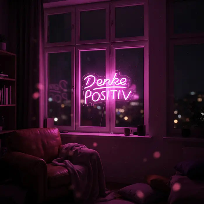 Denke Positiv Neon LED Schild rosa leuchtend im Fenster, dahinter die Lichter der Stadt bei Nacht